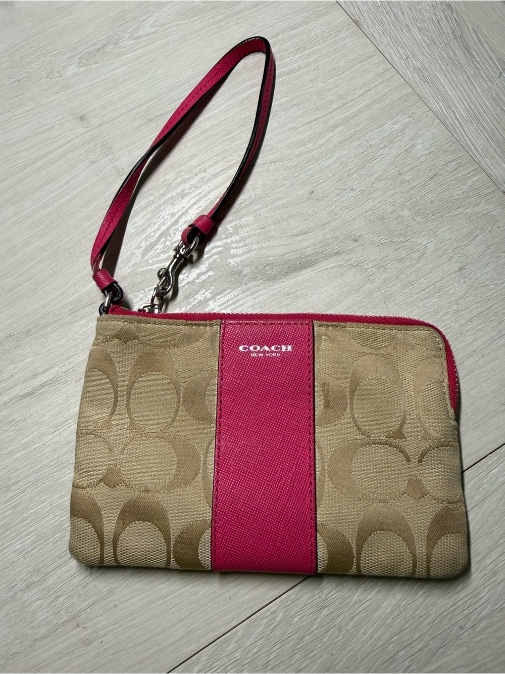 Coach Tan Signature Canvas Wristlet with Pink Stripe